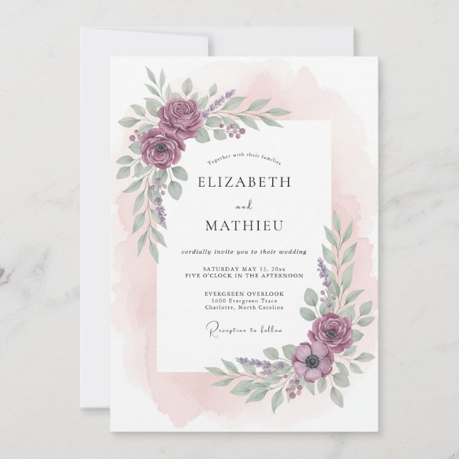 Invitation Mariage aquarelle gracieux prune (Devant)