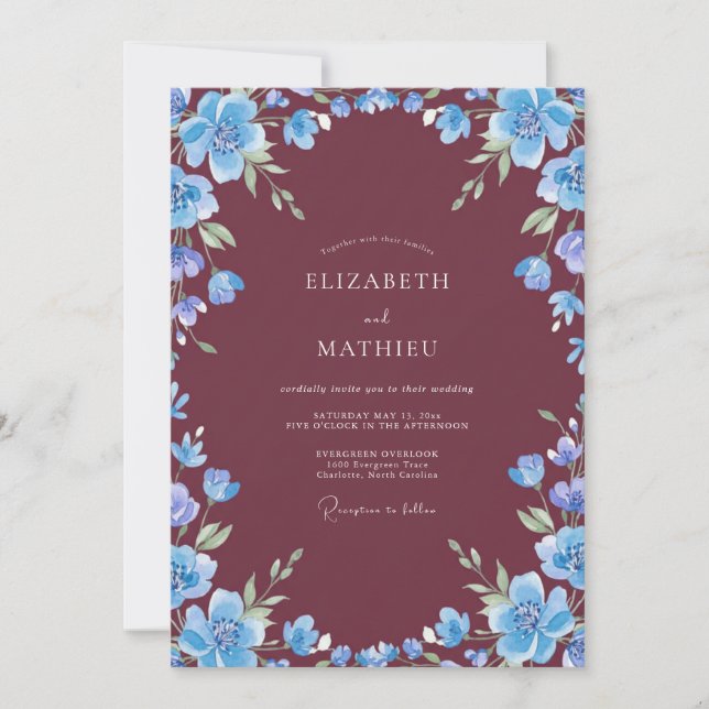 Invitation Mariage aquarelle gras bordeaux (Devant)