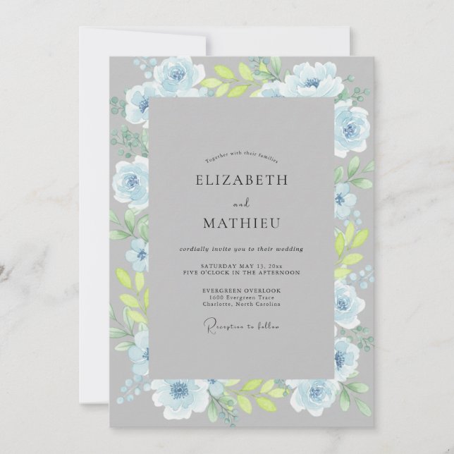 Invitation Mariage aquarelle gris acier et pervenche (Devant)