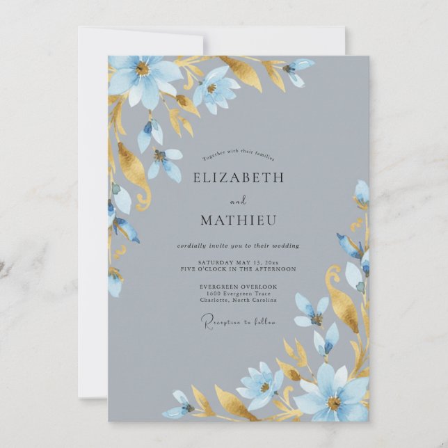 Invitation Mariage aquarelle gris ardoise doré (Devant)