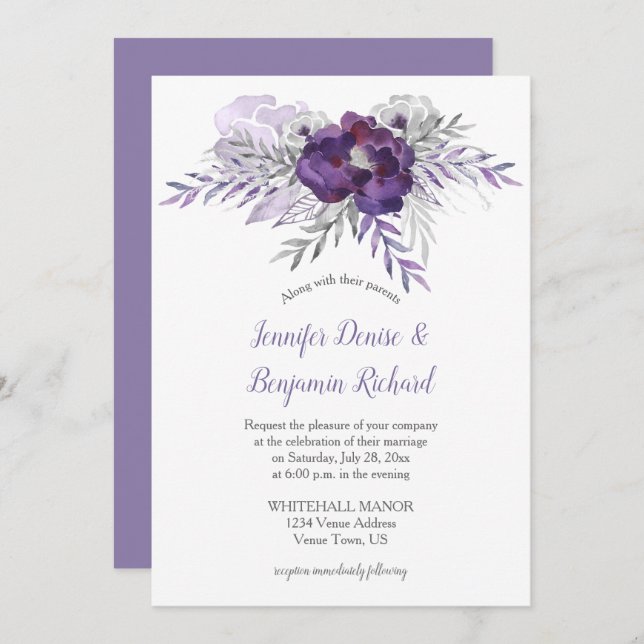 Invitation Mariage Aquarelle gris argenté violet | (Devant / Derrière)