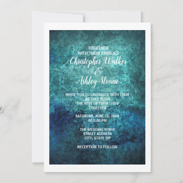 Invitation Mariage aquarelle grunge bleu sarcelle et marine (Devant)