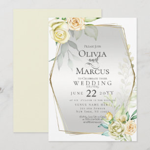 Invitation Mariage   Aquarelle Ivoire Jaune Blush Roses