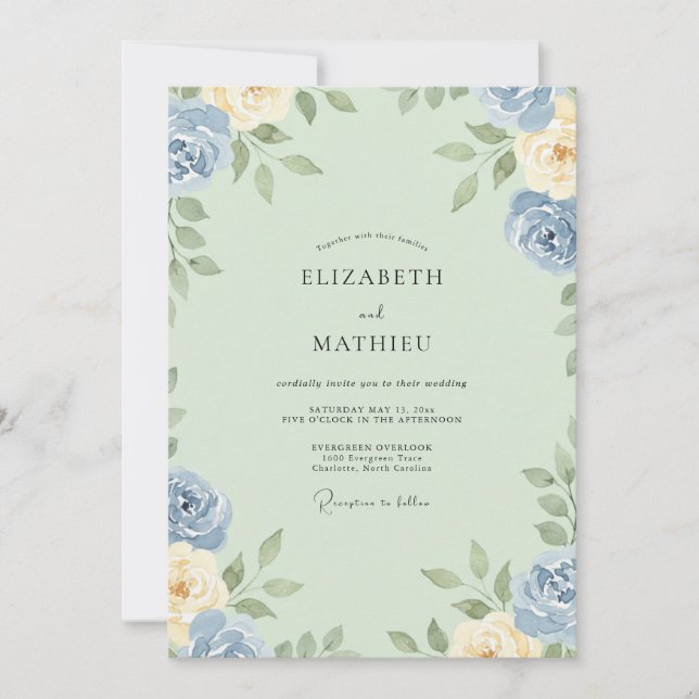 Invitation Mariage aquarelle ivoire menthe (Devant)