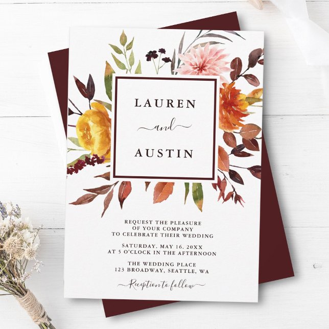 Invitation Mariage aquarelle jardin d'automne Marsala (Créateur téléchargé)
