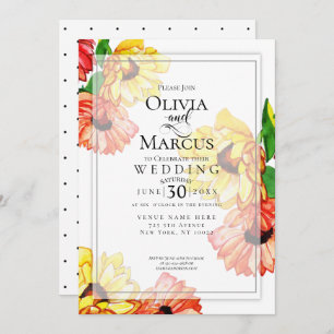 Invitation Mariage   Aquarelle Jaune et Rouge Gerbera Daisy
