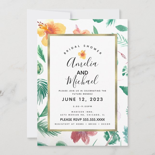 Invitation Mariage aquarelle jaune hibiscus et verdure (Devant)