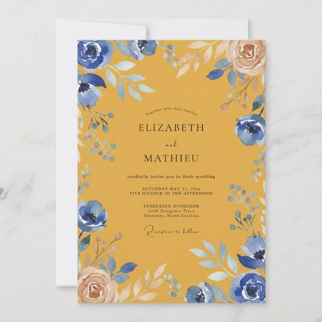 Invitation Mariage aquarelle jaune moutarde et bleuet (Devant)