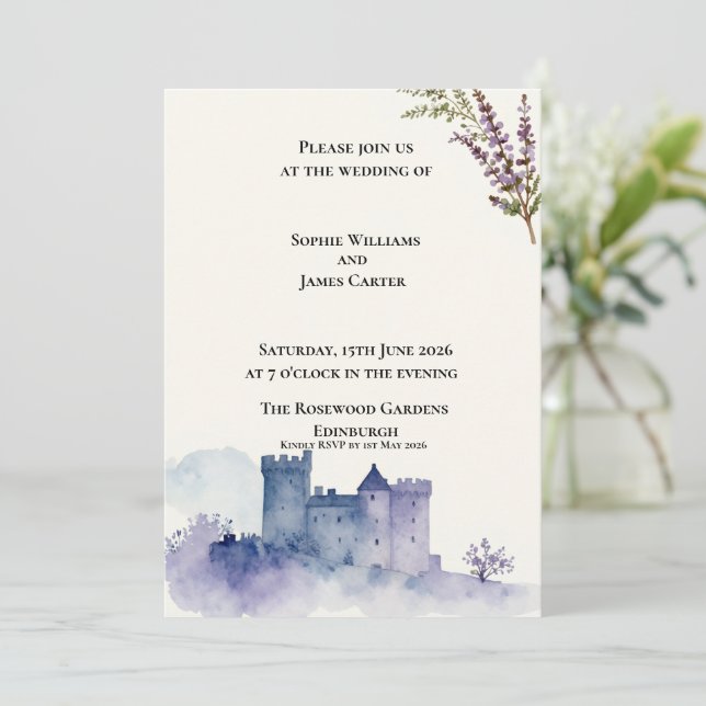 Invitation Mariage aquarelle lavande Château Écossais (Debout devant)