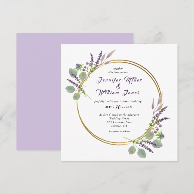 Invitation Mariage aquarelle lavande et eucalyptus (Devant / Derrière)