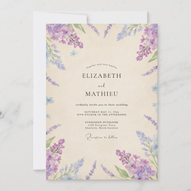 Invitation Mariage aquarelle lavande et pervenche (Devant)