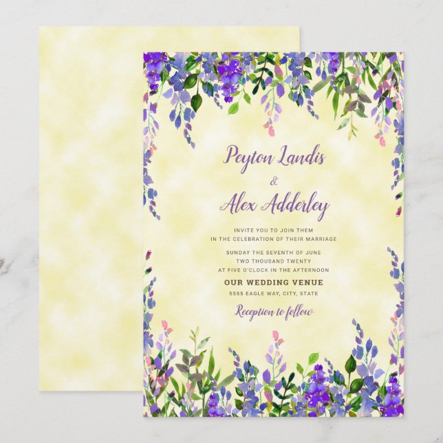 Invitation Mariage aquarelle lavande jaune (Devant / Derrière)