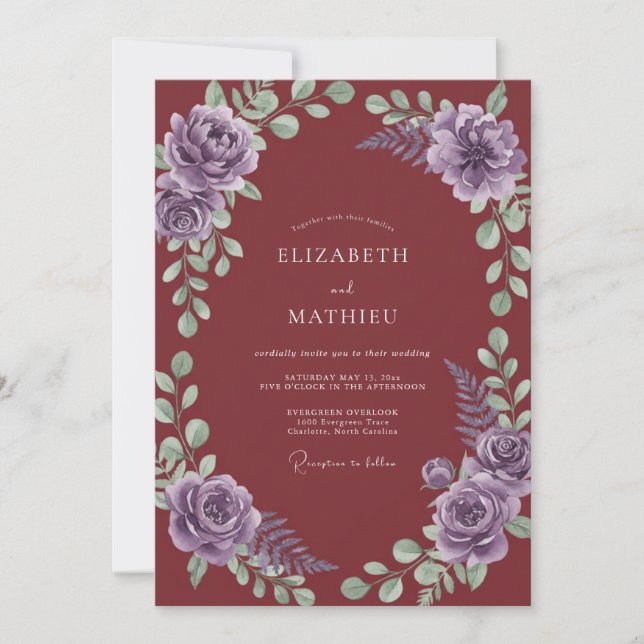 Invitation Mariage aquarelle lavande Marsala (Devant)