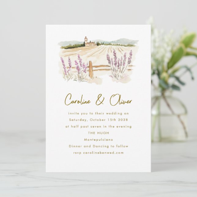 Invitation Mariage aquarelle lavande Toscane (Debout devant)