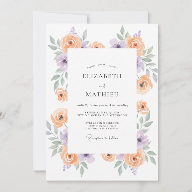 Invitation Mariage aquarelle lilas abricot (Devant)