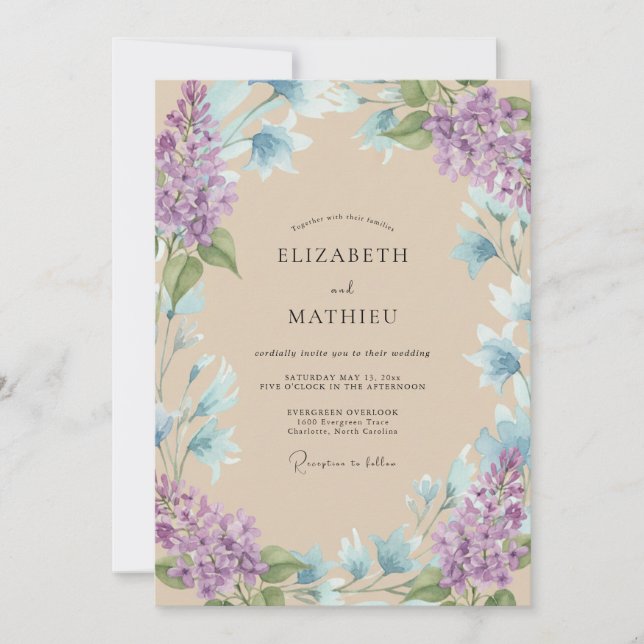 Invitation Mariage aquarelle lilas aqua (Devant)