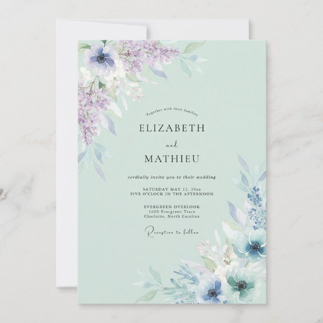 Invitation Mariage aquarelle lilas céladon (Devant)
