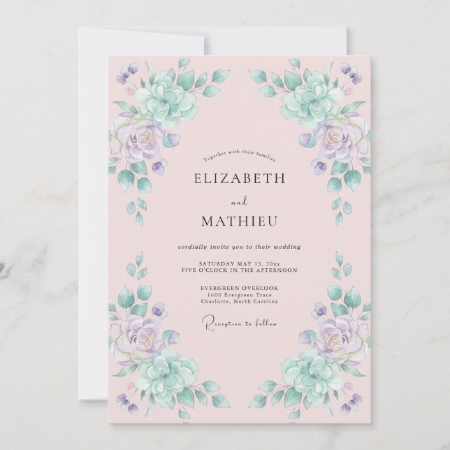 Invitation Mariage aquarelle lilas écume de mer (Devant)