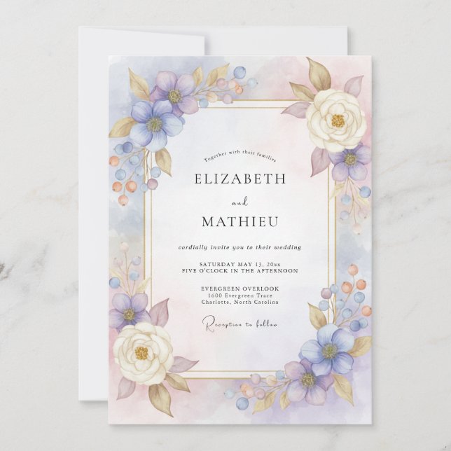 Invitation Mariage aquarelle lilas et Pervenche (Devant)