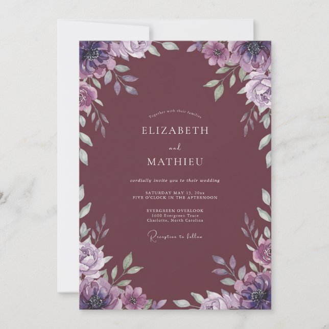 Invitation Mariage aquarelle lilas mauve (Devant)