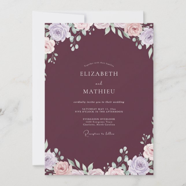 Invitation Mariage aquarelle lilas prune (Devant)