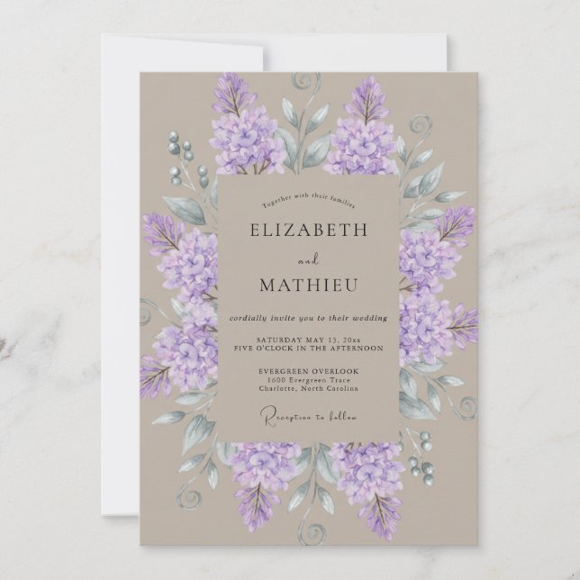 Invitation Mariage aquarelle lilas taupe (Devant)