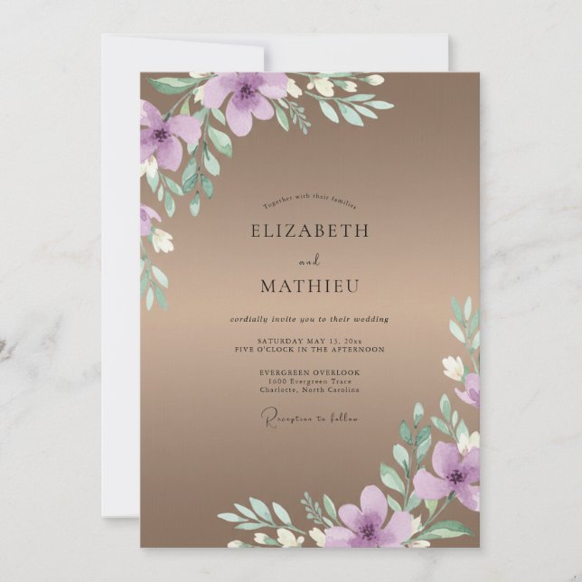 Invitation Mariage aquarelle lilas taupe (Devant)