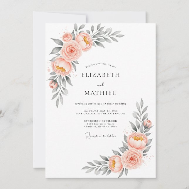 Invitation Mariage aquarelle lumineux pêche (Devant)