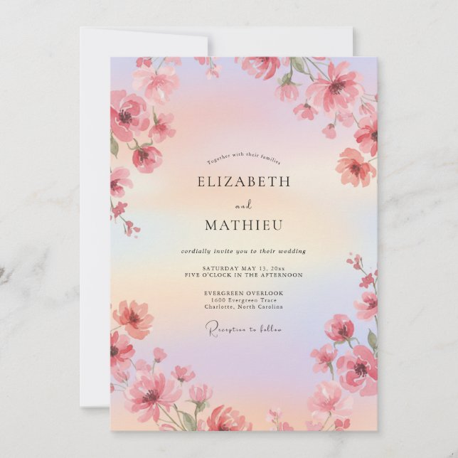 Invitation Mariage aquarelle lumineux rose (Devant)