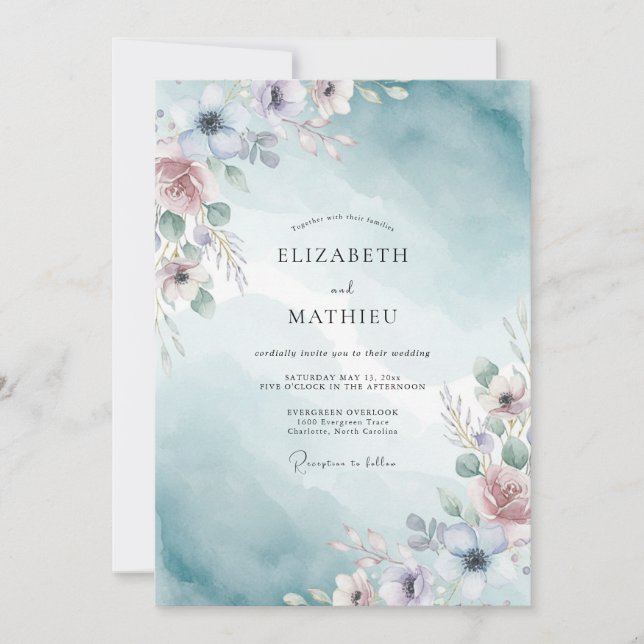 Invitation Mariage aquarelle lumineux sarcelle (Devant)