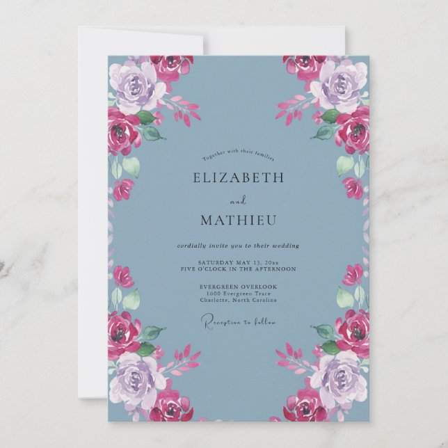 Invitation Mariage aquarelle magenta ardoise (Devant)
