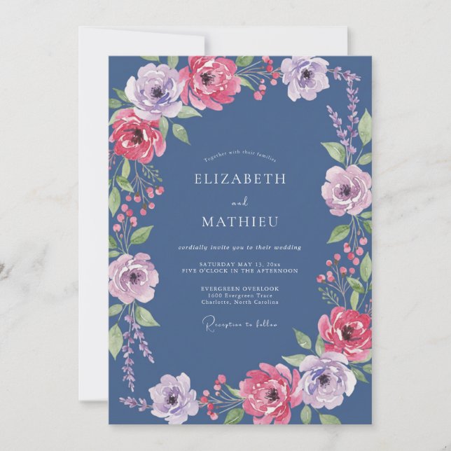 Invitation Mariage aquarelle magenta ardoise côtier (Devant)