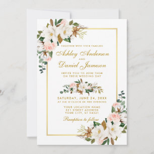Invitation Mariage Aquarelle Magnolias Rose Or Floral