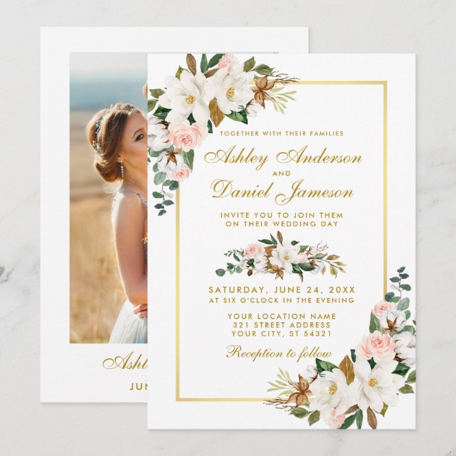 Invitation Mariage Aquarelle Magnolias Rose Photo Gold (Devant / Derrière)