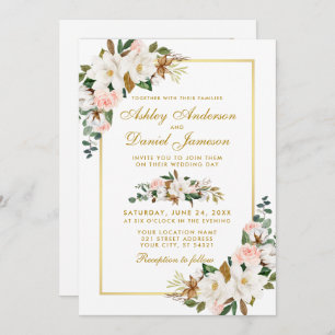 Invitation Mariage Aquarelle Magnolias Rose Photo Gold