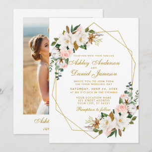 Invitation Mariage Aquarelle Magnolias Rose Photo Gold