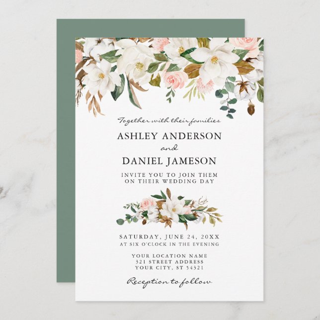 Invitation Mariage Aquarelle Magnolias Roses Sage Vert (Devant / Derrière)