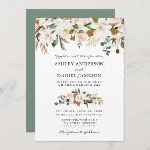 Invitation Mariage Aquarelle Magnolias Roses Sage Vert