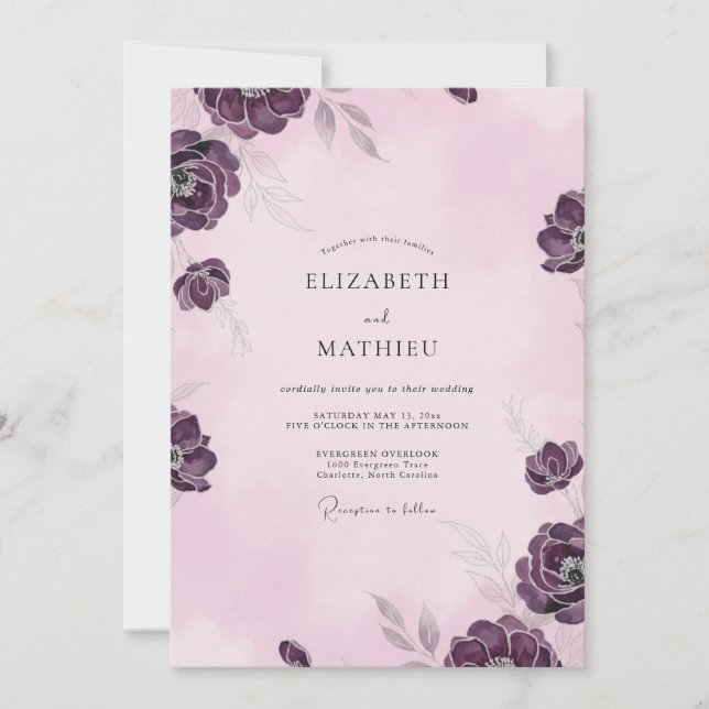 Invitation Mariage Aquarelle Mauve Améthyste (Devant)