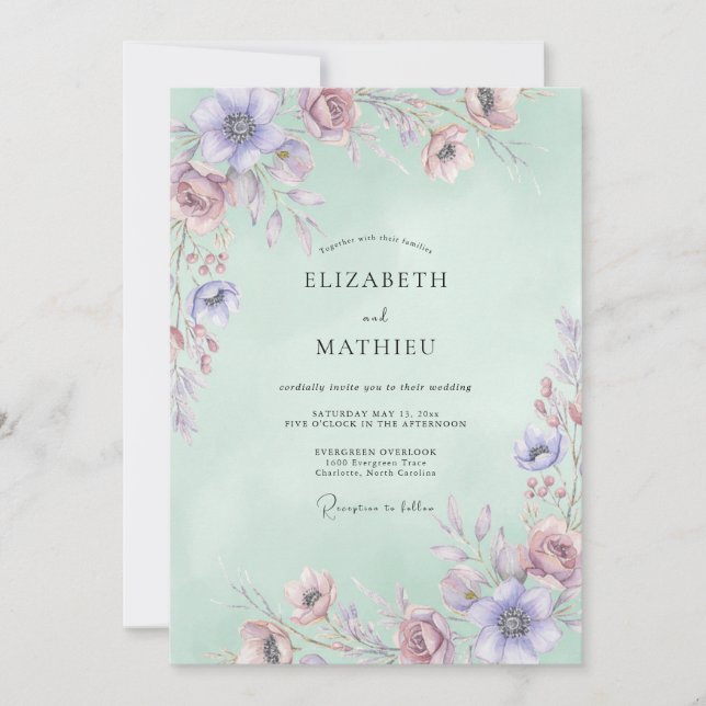 Invitation Mariage Aquarelle Mauve Céladon (Devant)