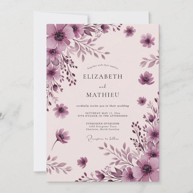 Invitation Mariage Aquarelle Mauve Sérène (Devant)