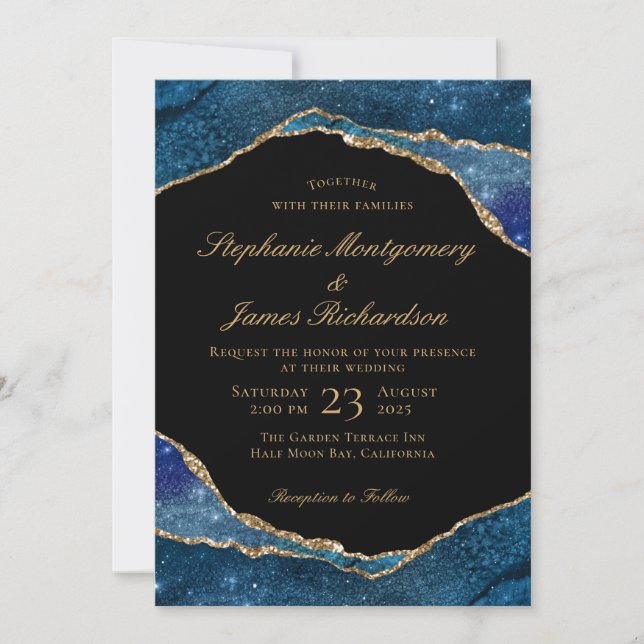 Invitation Mariage Aquarelle Moderne Agate Feuille D'Or Bleu (Devant)
