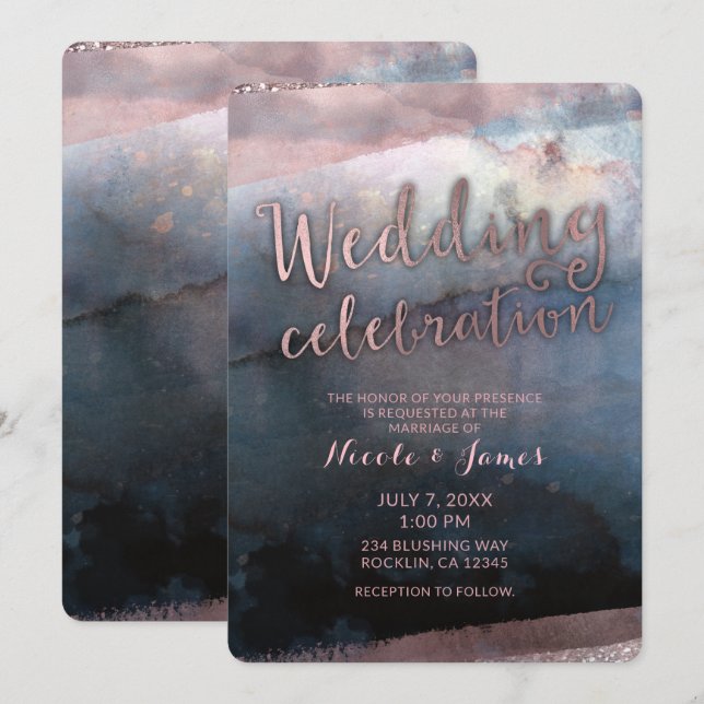 Invitation Mariage Aquarelle Moderne Bleu Et Rose Gold Rose (Devant / Derrière)