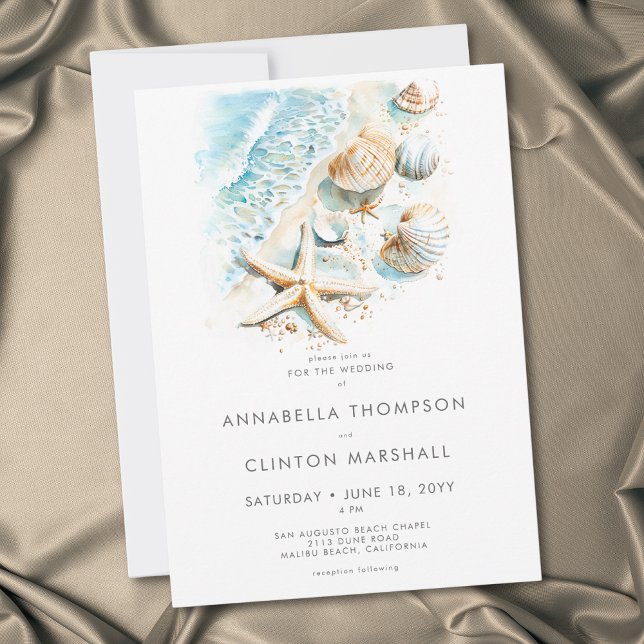 Invitation Mariage aquarelle moderne de coquillages de plage  (Coastal Beach Shell Modern Watercolor Wedding Invitation)