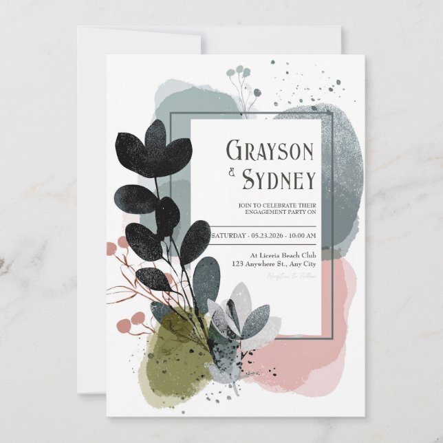 Invitation Mariage Aquarelle Moderne Feuille Noire Abstraite (Devant)