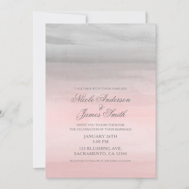 Invitation Mariage Aquarelle Moderne Rose et Gris Clair (Devant)