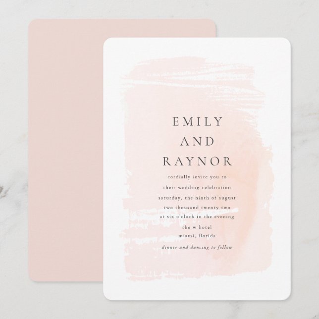 Invitation Mariage aquarelle moderne rose poudré (Devant / Derrière)