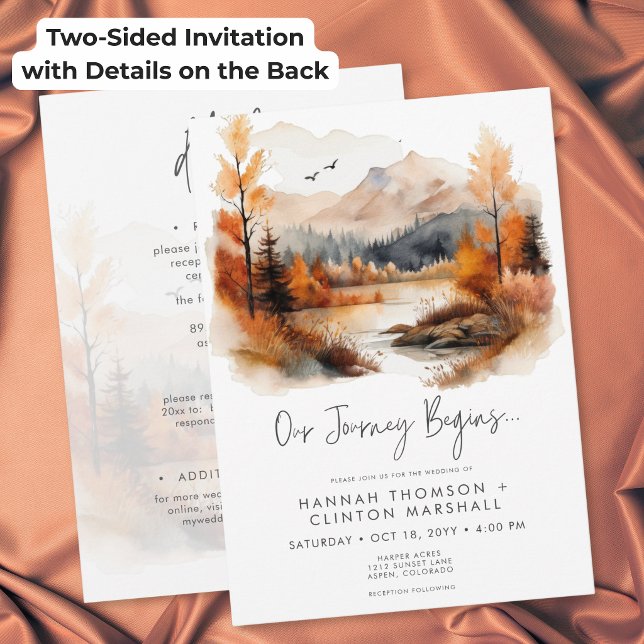 Invitation Mariage Aquarelle Montagne Automne Rustique Recto- (Rustic Fall Mountain Watercolor Wedding Two Sided Invitation)