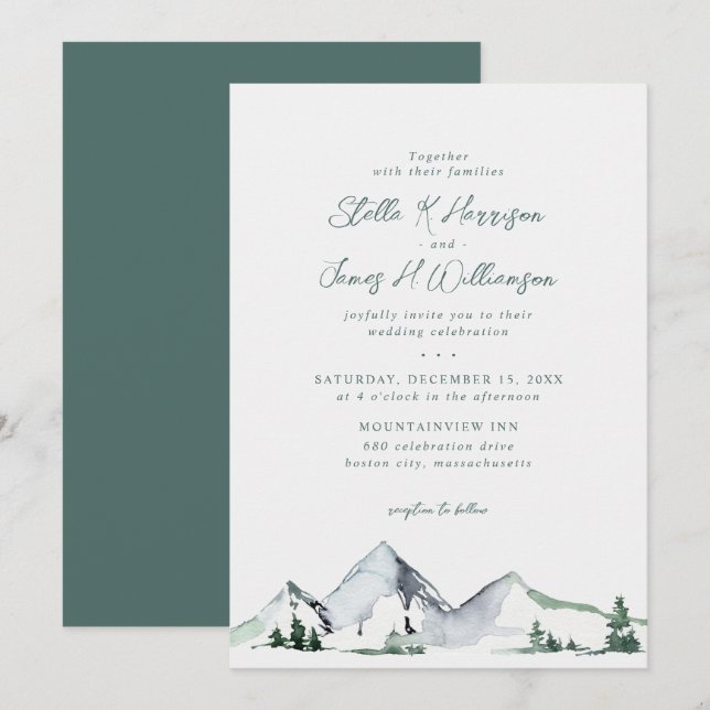 Invitation Mariage Aquarelle Montagnes Rustique (Devant / Derrière)