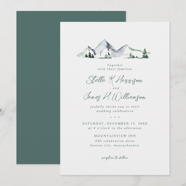 Invitation Mariage aquarelle Montagnes Rustique (Devant / Derrière)